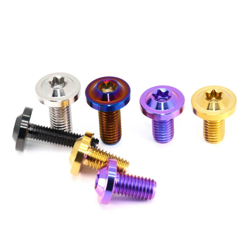 Assorted rainbow titanium flying saucer head screws with anodized finish, sizes M4–M10.