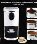 Premium 58Mm Electric Espresso Tamper Featuring Sturdy Adjustable Aluminum Base Hella Smooth Coffee Tamping Tool For Quick Barista Shots In Sleek Black with coffee grounds.