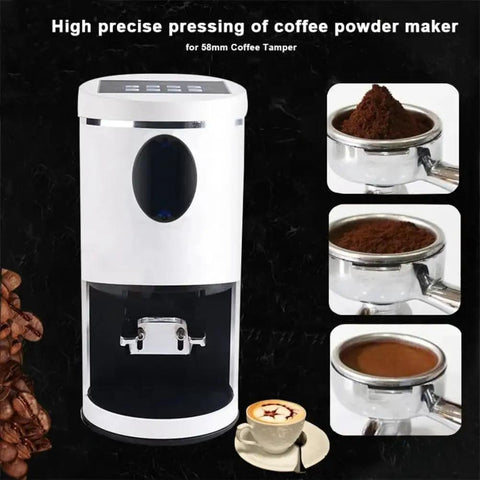 Premium 58Mm Electric Espresso Tamper Featuring Sturdy Adjustable Aluminum Base Hella Smooth Coffee Tamping Tool For Quick Barista Shots In Sleek Black with coffee grounds.
