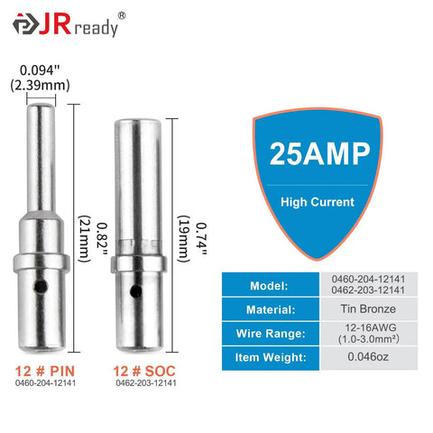 Waterproof 25A Deutsch DTP Connector Kit Size 12, 2 Pin, solid contacts dimensions and specs, tin bronze material