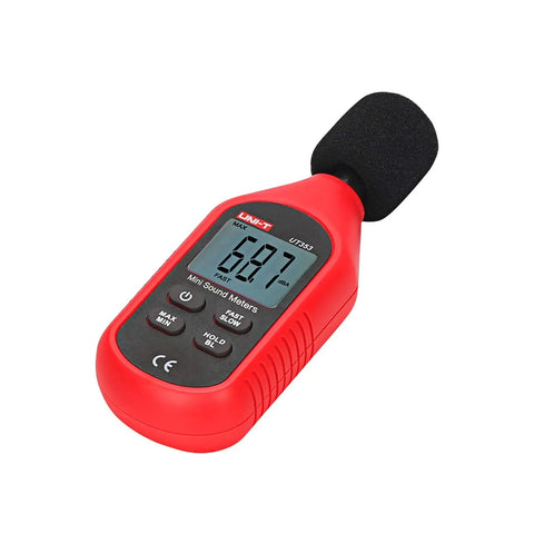 UT353 Decibel Meter Portable Digital Sound Level Meter 30 To 130 dB With Max Min Fast Slow Data Hold LCD Backlit Auto Power Off Lightweight Ergonomic Design For On The Go, red handheld sound meter with foam microphone