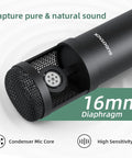 Close-up of Pro Grade USB Condenser Podcast Microphone Kit With 192KHz 24Bit Audio, showing 16mm diaphragm and mic core.