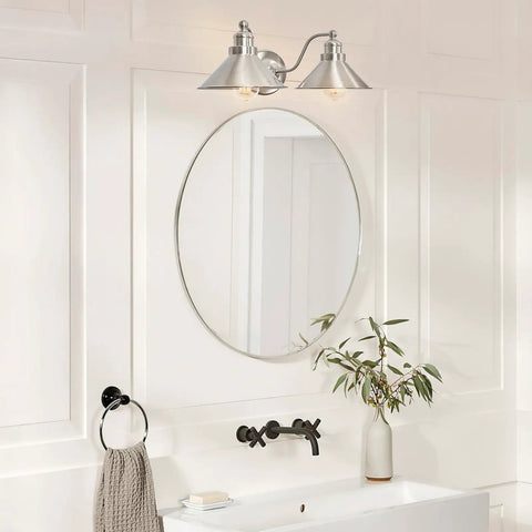 Two Light Modern Farmhouse Vanity Light With Dual Funnel Shades In Industrial Silver Brushed Nickel Finish Over Bathroom Mirror