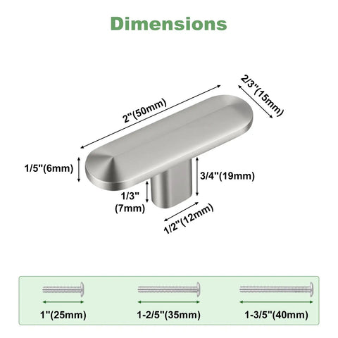 Dimensions of 10 Pack 2 Inch Slick Satin Nickel T Bar Cabinet Knobs And Drawer Pulls Single Hole Solid Zinc Alloy Handles.