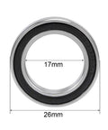 6803-2RS Deep Groove Ball Bearings 17x26x5mm, Double Sealed, ABEC 3, Low Noise, Long-Life Chromium Steel, Smooth Operation, 5-Pack, Great for Hobbyists and Pros in Machinery, RC Models, 3D Printing, and Automotive Projects. Front view of 17x26mm sealed ball bearing