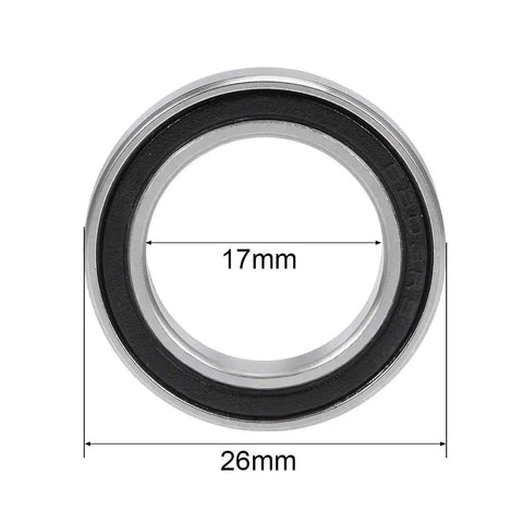 6803-2RS Deep Groove Ball Bearings 17x26x5mm, Double Sealed, ABEC 3, Low Noise, Long-Life Chromium Steel, Smooth Operation, 5-Pack, Great for Hobbyists and Pros in Machinery, RC Models, 3D Printing, and Automotive Projects. Front view of 17x26mm sealed ball bearing