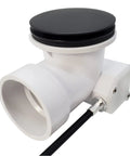 Standard 1.5 Inch Cable Drive Bath Drain Replacement Trim In Slick Matte Black, showing white fitting and sleek black top.