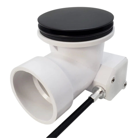 Standard 1.5 Inch Cable Drive Bath Drain Replacement Trim In Slick Matte Black, showing white fitting and sleek black top.