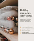 Clear storage box with ornaments wrapped in 12 Inch Wide Bubble Cushioning Wrap Roll for Packing and Moving, 175 Feet Long.