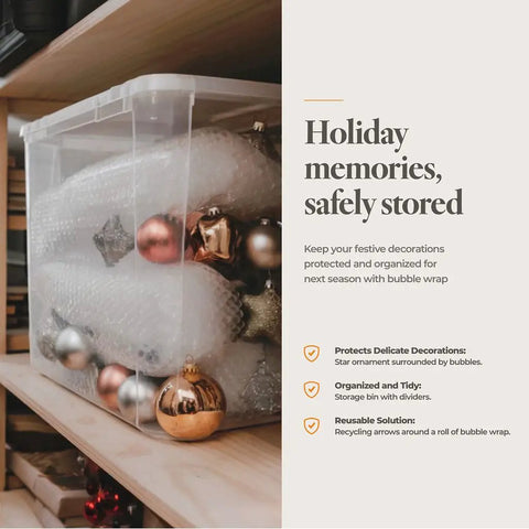 Clear storage box with ornaments wrapped in 12 Inch Wide Bubble Cushioning Wrap Roll for Packing and Moving, 175 Feet Long.