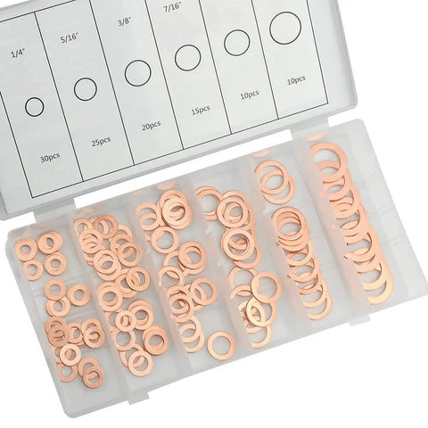 110 Piece Copper Sealing Washer Set, Six Sizes, Flat Gasket Oil Seals For Plumbing And Automotive in storage box