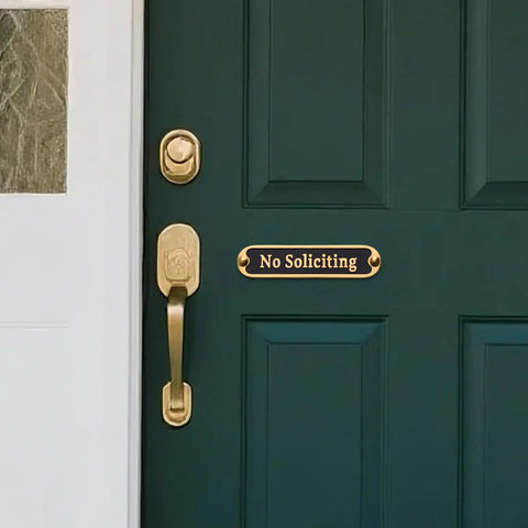 No Soliciting Sign 5 Inch Brushed Matte Brass Finish With Hidden Screws And Nanotape Adhesive Classy Front Door Wall Decor