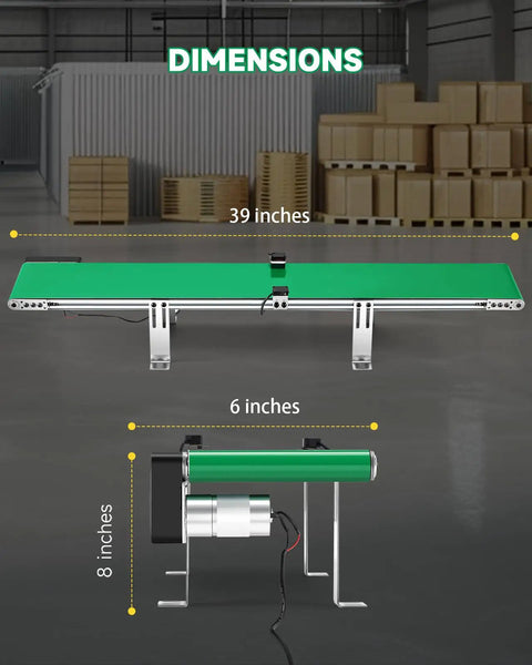 39 Inch Belt Conveyor With Sensor And Variable Speed in factory setting showing dimensions and PVC belt material