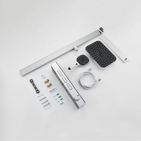 Exposed Shower Faucet System Piano Key Diverter Control Chrome parts layout including shower head, faucet, and connectors.