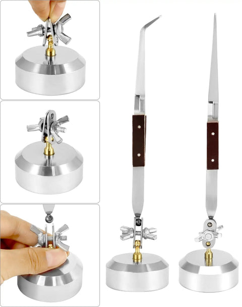 Two Pack Third Hand Tweezers With Straight And Curved Tips, Cross-Locking Clamps And 360 Degree Rotating Base showcased on white background