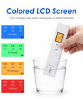 Straight Up Reliable Water Quality Tester Pen Checks Cod Toc Uv275 Ec Tds Salinity Gh Sg And Water Temp For Pool RV Well And Aquarium With Bright LCD Screen submerged in water with multi-colored LCD display.