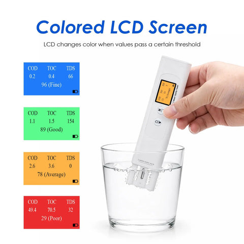 Straight Up Reliable Water Quality Tester Pen Checks Cod Toc Uv275 Ec Tds Salinity Gh Sg And Water Temp For Pool RV Well And Aquarium With Bright LCD Screen submerged in water with multi-colored LCD display.