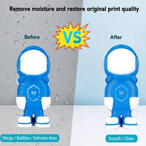 Before and after comparison of 3D print quality using Moisture Busting Filament Dehydrator Dry Box, showing smoother prints.