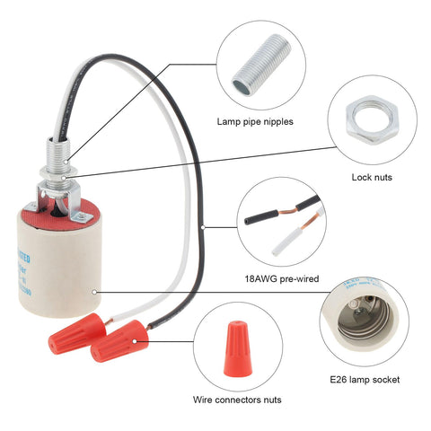 Diagram of Ceramic E26 Light Socket With 10 Inch Lead Wire Porcelain Medium Base Lamp Holder components, including lamp pipe nipples and lock nuts.