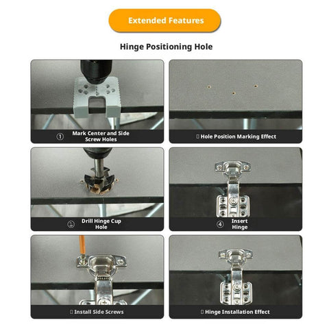 Image showing the step-by-step use of the Super Handy Hinge Installation Jig for Doors and Cabinets with ABS construction.