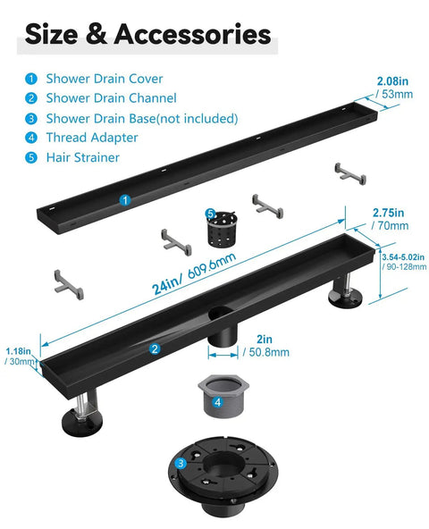 High Capacity Linear Shower Drain Matte Black 24 Inch large shower drain with accessories and size details displayed.