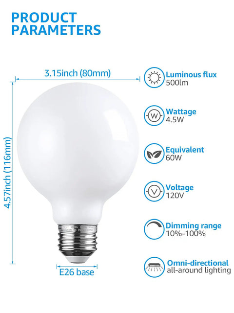 Product diagram of G25 Globe LED Dimmable Vanity Bulbs For Bathroom Frosted Edison Style Glow Soft White showing dimensions and specs