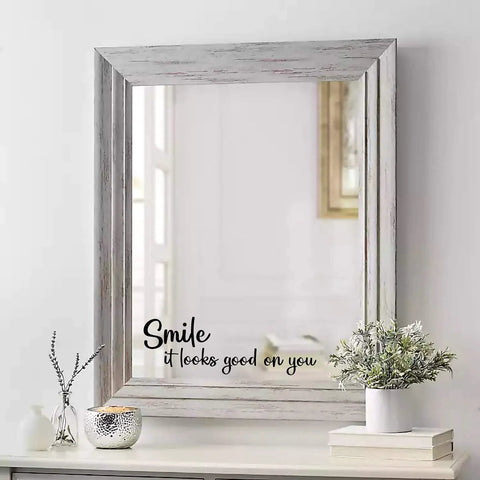 Smile It Looks Good On You Mirror Sticker Vinyl Glass Decals Waterproof Mirror Inspirational Sticker on framed mirror