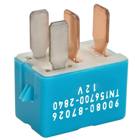 12V DC 4 Pin Automotive Relay Pack Of 2 For AC Compressors, Starters, Headlights And More Plug And Play Ready Fits Toyota Prius, RAV4, 4Runner, Camry, Lexus Or Scion Cars. Blue 4-pin automotive relay close-up