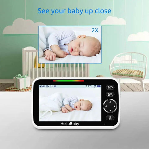 Super Crisp 5 Inch No WiFi Baby Monitor Featuring Dual Pan Tilt Zoom Lenses And Rock Solid Two Way Audio Uses Secure Private Link For Zero Hassle Setup And Smooth Nighttime Coverage Daily showing a close-up of a sleeping baby.