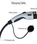 Wall Mount 50 Amp Level 2 EV Charger 12 Kw 240 Volt With Bluetooth And Slick Smart Wifi App Control 23 Foot Cord durable charging cable with release button and cap.