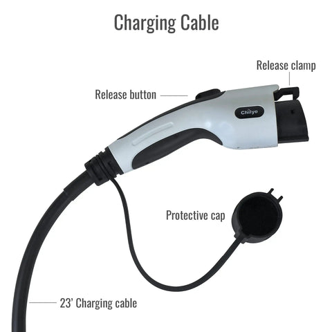 Wall Mount 50 Amp Level 2 EV Charger 12 Kw 240 Volt With Bluetooth And Slick Smart Wifi App Control 23 Foot Cord durable charging cable with release button and cap.