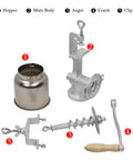 No Sweat Heavy Duty Cast Iron Grain Mill Featuring Wooden Hand Crank And Secure Table Clamp for its parts including hopper, crank, and auger.