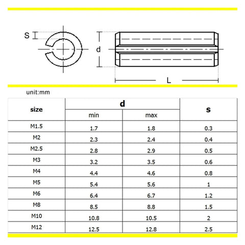 Diagram and size chart for Slotted Spring Pins 304 Stainless Steel Split Dowel Roll Pin Set 1.5mm To 6mm Diameters