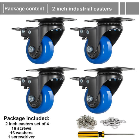 Heavy Duty Two Inch Swivel Caster Wheels Set Of Four With Brakes Dual Locking For Carts Furniture And Trolleys, blue wheels