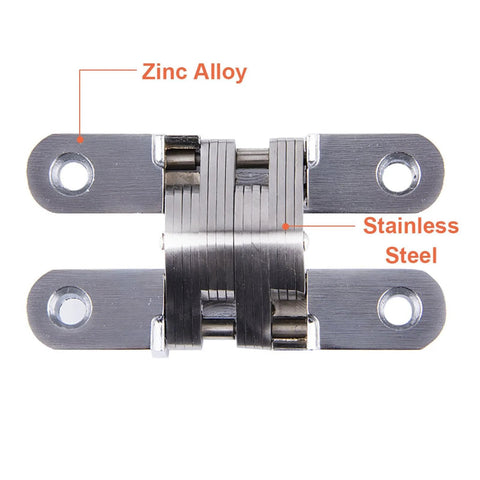 Close-up view of Hidden Door Hinge Set 6 Pieces, Invisible Cross Hinge 180 Degree Folding, made of zinc alloy and stainless steel.