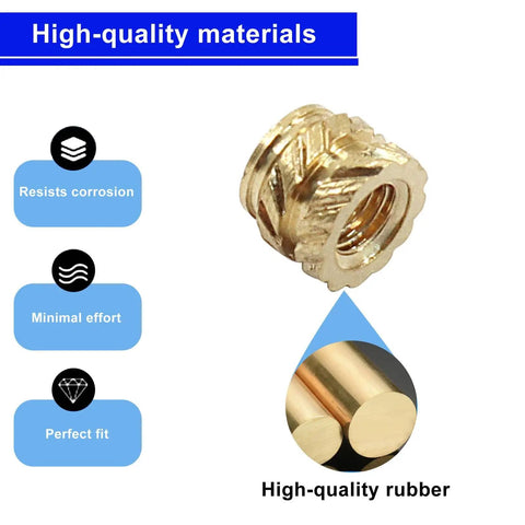 Premium M3 Brass Heat Set Inserts Knurled Threaded Nuts For 3D Printing Plastic Parts And DIY Projects Built To Last High Temperature Resistant Easy Heat Installation 100 Pieces M3x4x5mm image showing one knurled brass insert.