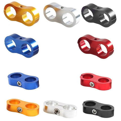 Top Notch 10 Piece AN4 An6 An8 And An10 Billet Aluminum Hose Clamp Separator Kit Perfect For Oil Fuel And Water Lines Keeping Your Rigs Tight And Leak-Free With Smooth Texture Grip., colorful billet aluminum hose clamp separator set shown in multiple angles