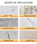 Scope of application showing various wall types: dusty, blackened, cement, cracked, peeling, and graffiti walls for Kick Back The Chill With Prime Thermal Wallpaper For Cold Walls Peel And Stick Heat Blocking Wall Covering Saves Energy No Sweat Install Covers Cracks Clean White Look.