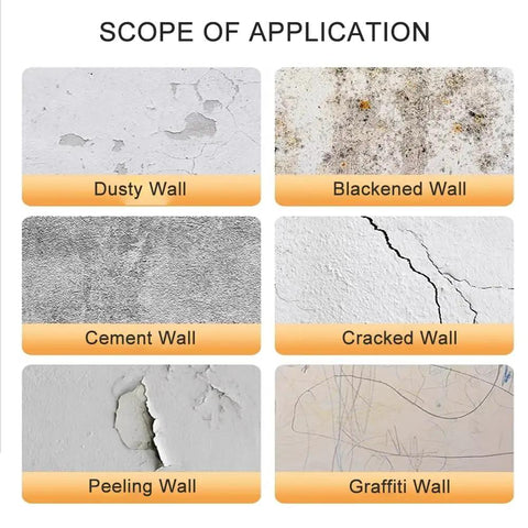 Scope of application showing various wall types: dusty, blackened, cement, cracked, peeling, and graffiti walls for Kick Back The Chill With Prime Thermal Wallpaper For Cold Walls Peel And Stick Heat Blocking Wall Covering Saves Energy No Sweat Install Covers Cracks Clean White Look.