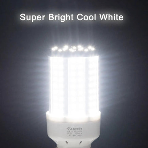 Killer Bright Daylight LED Corn Bulb 200W Equivalent, E26 Base, glowing 360 Degree Coverage, displayed in cool white light