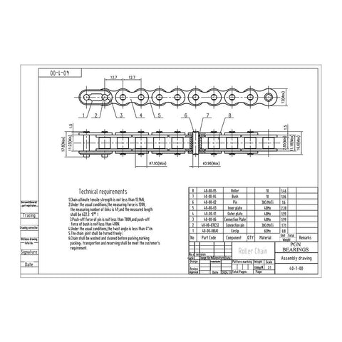 Technical drawing of Durable Roller Chain Carbon Steel ANSI 40 One Half Inch Pitch Three Feet Long Seventy One Links.