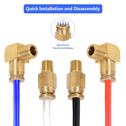 Brass push-in air line fittings with four color-coded tubes (blue, white, black, orange) for Eaton Fuller transmissions.