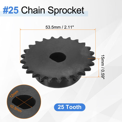 25-Tooth Chain Sprocket For ISO 04C Chain, 1/4 Inch Pitch, D-Shape Hole, 12x10.5mm, C45 Carbon Steel With Black Oxide Finish, ANSI 25 Roller Sprocket, Round Hole, Includes Set Screws, Heavy Duty Rust Resistant