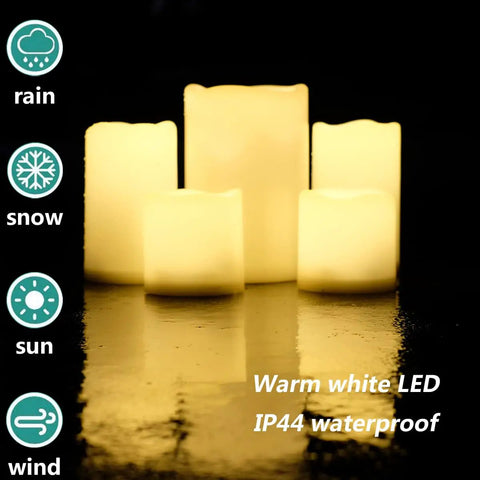 Outdoor IP44 Weatherproof 4x6 Inch Warm White LED Flameless Pillar Candles Set Of 2 With Remote And Timer Resin in lighting display