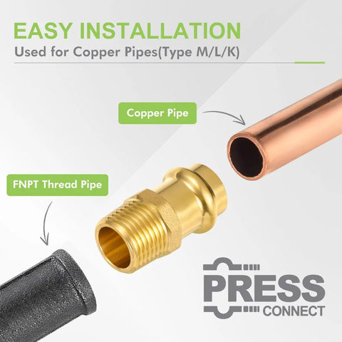 Front view of brass ProPress 1/2 in x 1/2 in MNPT male adapter with copper pipe