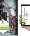 Smart Home Energy Monitor With Whole Home Power Tracking and Real Time Usage Insights displayed on a smartphone with breaker panel.