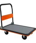 Heavy Duty Flatbed Cart And Hand Truck With 660 Lb Capacity Folding Design For Easy Storage, showing metal frame and black rubber wheels.