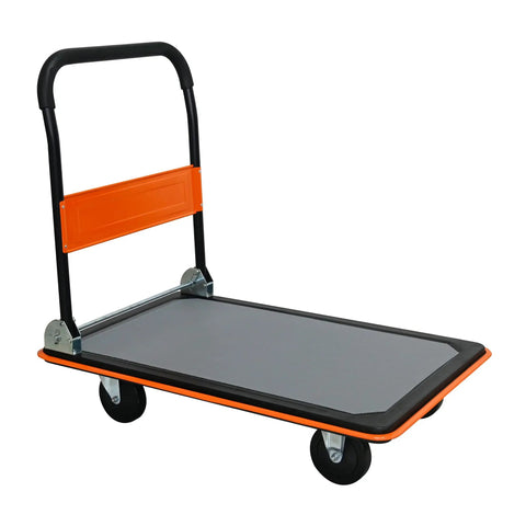 Heavy Duty Flatbed Cart And Hand Truck With 660 Lb Capacity Folding Design For Easy Storage, showing metal frame and black rubber wheels.