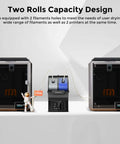 Dual Spool Filament Dryer Box For Makers With PTC Fast Heater And Touch Screen shown between two 3D printers, demonstrating dual roll setup