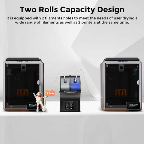 Dual Spool Filament Dryer Box For Makers With PTC Fast Heater And Touch Screen shown between two 3D printers, demonstrating dual roll setup